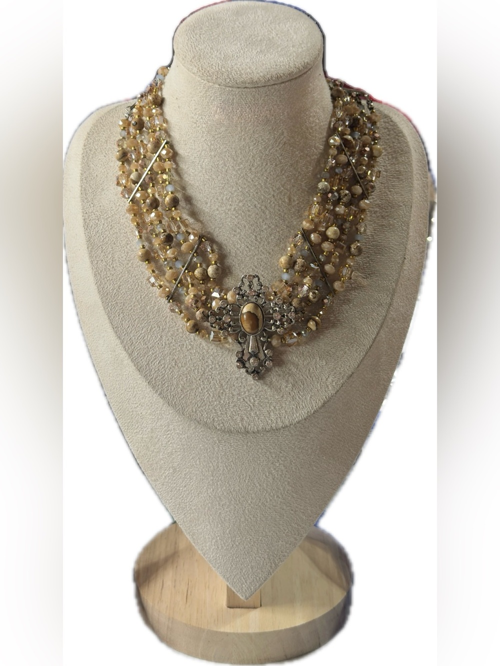 Shyanne Beige 5 -Strand Beaded Choker Necklace with Ornate Cross Pendant